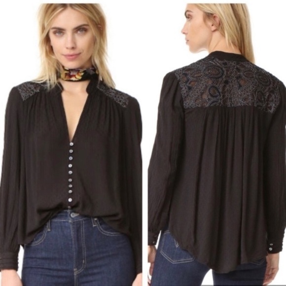 Free People Black Canyon Rose Hi-Lo Button Down Blouse Metallic Lace XS - Picture 1 of 10